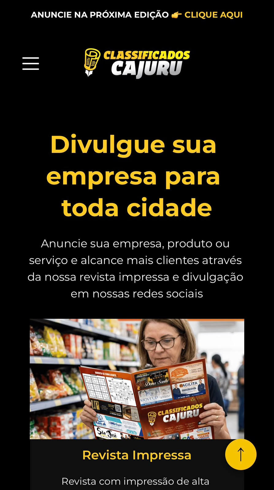 Captura vertical da página inicial do Classificados Cajuru em um celular